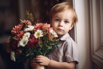 Obraz na płótnie Canvas shot of a little boy holding flowers