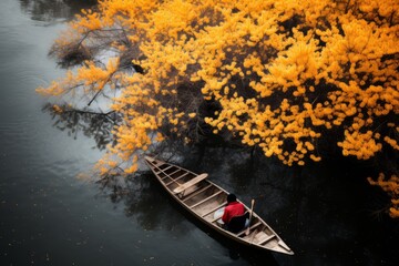 Aerial View. Serene Autumn Lake Landscape Featuring a Peaceful Solo Rowboat on Tranquil Waters.