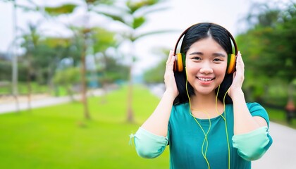 Retrato de una hermosa joven asiática escuchando música en la calle con auriculares mirando a la cámara. IA generativa