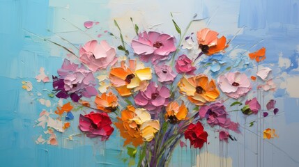 vibrant and colorful flower bouquet in a knife painting, ideal for adorning walls, banners, and Valentine's Day gifts.