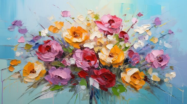Knife painting of vibrant and colorful flower bouquet, showcasing detailed palette knife textures, perfect for wall decor or creating seamless patterns. © Matthew