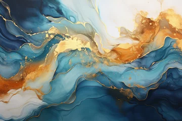Foto op Canvas Abstract blue wave with gold lines watercolor texture painting, Generative Ai © sukumarbd4