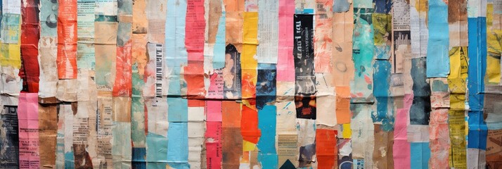 Multi-colored collage of torn papers from newspapers and magazines of different generations, concept of Mixed media art - obrazy, fototapety, plakaty