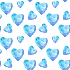 Fototapeta premium Seamless pattern of watercolor blue hearts. Hand drawn illustration in diagonal line. Hand painted elements on white background.