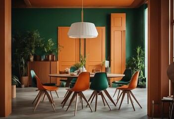 Orange leather chairs at round dining table against green wall Scandinavian mid-century home interior