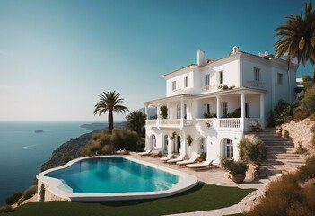 Traditional mediterranean white house with pool on hill with stunning sea view Summer vacation back - obrazy, fototapety, plakaty