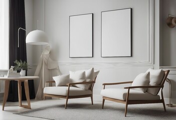 Fototapeta na wymiar Two armchairs in room with white wall and big frame poster on it Scandinavian style interior design