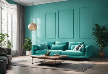 Turquoise sofa and big posters Interior design of modern living room
