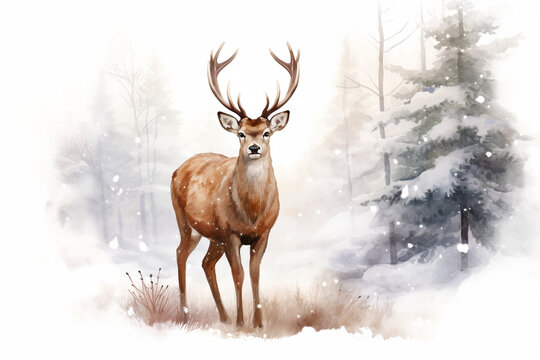 watercolor deer in nature fantasy 