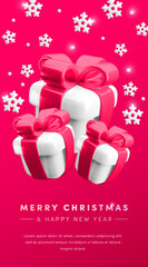 Fototapeta na wymiar Merry Christmas and Happy New Year vertical banner template. Vector 3d gifts and snowflakes greeting concept with text. Falling present box on red background. 3d render cute Xmas illustration for web