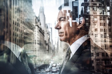 cropped shot of a businessman superimposed over city - obrazy, fototapety, plakaty