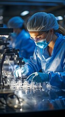 An expert in the analysis of biological material working in a furnished workplace while donning an overall. a theme of science or health. Pharmaceutical microbiology research. - obrazy, fototapety, plakaty