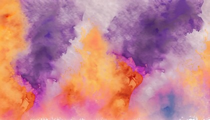 淡い紫色とオレンジ色の水彩絵の具が滲んで少し混ざっているテクスチャ背景 - obrazy, fototapety, plakaty