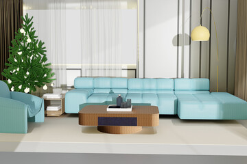 Grey and blue room with Christmas tree and sofa in a light interior, 3d render