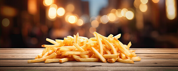 Fresh fries on table or board with glitters background. Fry in bowl. banner - obrazy, fototapety, plakaty