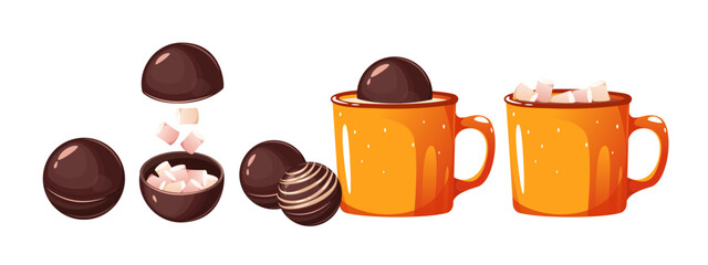 Chocolate bombs with marshmallows.Cocoa bombs made of chocolate.The stages of preparing a delicious, hot drink with milk.Cocoa-milk dessert.