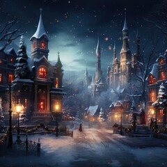 Winter snowy small cozy street with lights on houses, falling snow city night view. Winter holiday night background. Merry Christmas vintage retro illustration background.