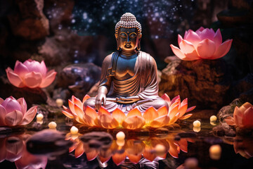 glowing crystal golden Buddha in zen garden
