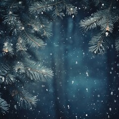 Christmas and Happy New Year greeting background. Blue winter landscape with snow and Christmas trees