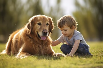child avoiding dog due to pet allergy - obrazy, fototapety, plakaty