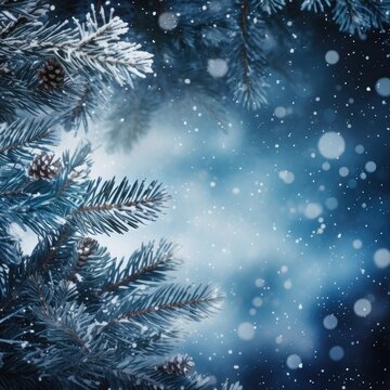Christmas and Happy New Year greeting background. Blue winter landscape with snow and Christmas trees