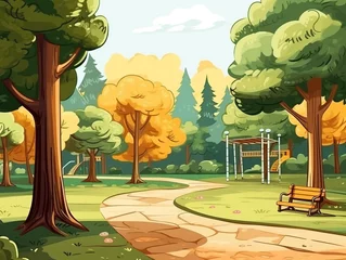 Foto op Canvas Cartoon style illustration of a beautiful public park equipped with public facilities. A calm and sunny day © Aisyaqilumar