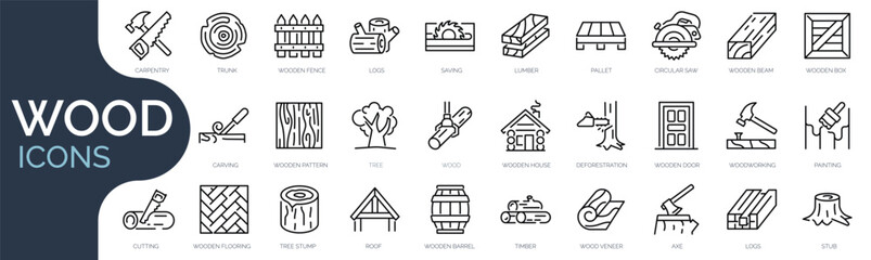 Set of outline icons related to wood. Linear icon collection. Editable stroke. Vector illustration - obrazy, fototapety, plakaty