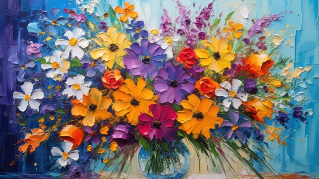 An expressive knife painting of a diverse and textured flower arrangement, well-suited for wall decoration, banners, and Valentine's Day presents. © Matthew