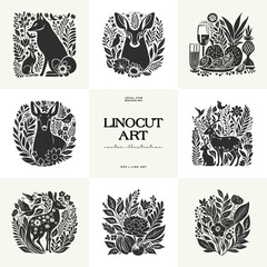 Abstract linocut flowers with magic, girls and mystical in ornate rural folk scandinavian style. Hand drawn Illustration, Linocut Blockprint. © KozyPlace