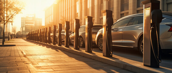 charging stations on a street with electric cars lined up, in the style of large canvas format, electric, vintage, golden light, industrial-inspired - Powered by Adobe