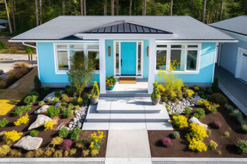Fototapeta na wymiar Contemporary Cottage style Home with a Turquoise Entrance Door and a front garden, high view
