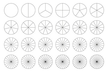 Segmented charts collection. Pie chart template. Many number of sectors divide the circle on equal parts. Outline black thin graphics. Set of pizza charts. Segments infographic. Diagram wheel parts. - obrazy, fototapety, plakaty