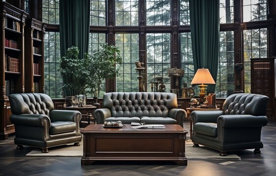 Gorgeous interior design for offices customary manner Mahogany furniture and architecture in an executive office.