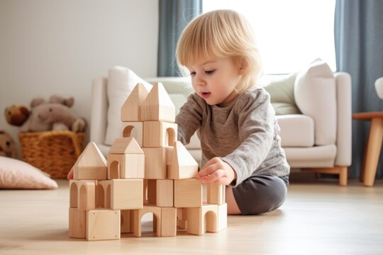 youngster building a castle out of wooden blocks