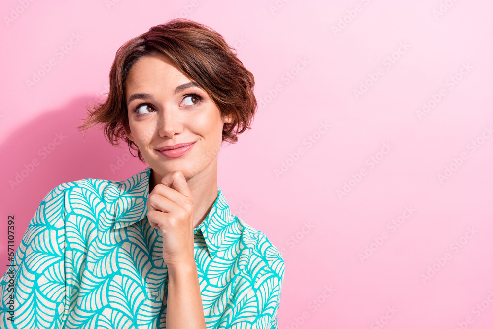 Sticker Portrait of gorgeous minded person hand touch chin look interested empty space isolated on pink color background