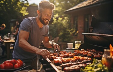 A man grilling meat over a charcoal fire during an outdoor summer picnic.