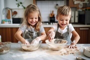 Obraz na płótnie Canvas smiling kids making a mess while baking cookies