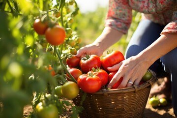 woman placing harvested tomatoes into a basket - obrazy, fototapety, plakaty