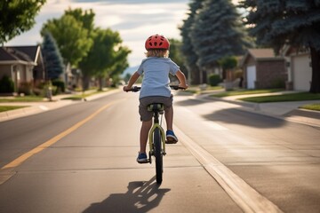 child riding a bicycle on a suburban street