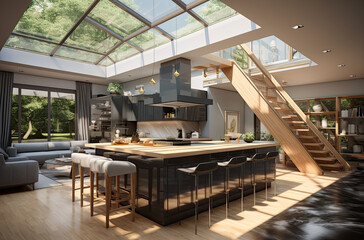 modern kitchen with skylight in a glass house