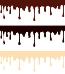 Drops of liquid dark chocolate arranged in a pattern on a plate decoration for a cake on a white background