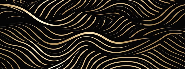 Seamless abstract luxury gold wavy optical illusion stripes, black pattern. Trendy vintage art deco gold foil lines for graphics, poster, cards background