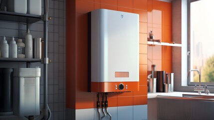 Modern, efficient home heating system for cold seasons. The unit uses LPG (Liquefied Petroleum Gas) for water heating, providing energy efficient solution for maintaining a comfortable temperature - obrazy, fototapety, plakaty