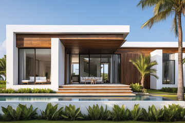 Exterior of beautiful modern minimal cubic house style, luxury residential architecture