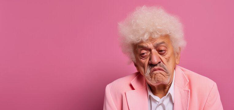 Studio portrait of grumpy elderly man wearing pink suit and frowning, pink background
