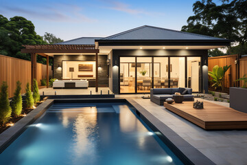 Fototapeta premium Exterior of luxury and modern beautiful minimal villa with swimming pool