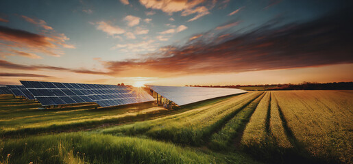 illustrazione di solar farm in una campagna verdeggiante, sole al tramonto - obrazy, fototapety, plakaty