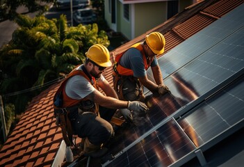 Installing a solar cell on the roof. Solar panels on the roof. Workers install eco-technology power plant on a solar panel farm. - obrazy, fototapety, plakaty