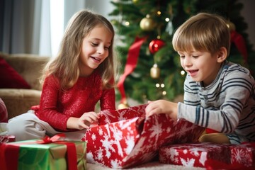 Fototapeta na wymiar kids unwrapping festive gifts