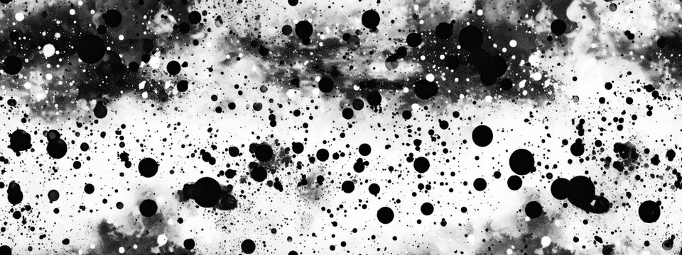 Seamless black white ink, paint specks, splatter, dust, stars, falling snow background texture. Monochrome dirty distressed urban grunge old photo noise pattern overlay effect